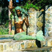 Schöne Leben Größe Cast Bronze Nackte Frau Meerjungfrau Brunnen für Garten Dekoration